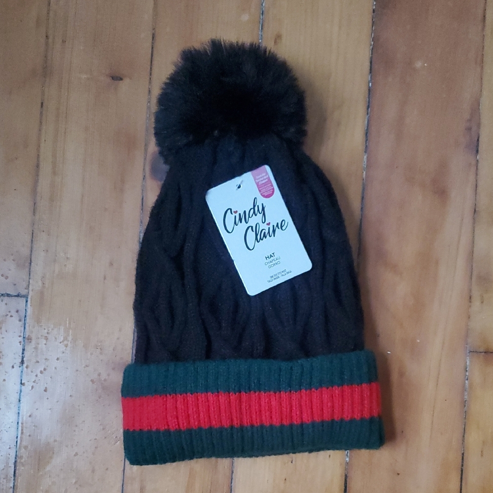 Cindy Claire FLUFFY Black With Green & Red Band & Pom-Pom Beanie